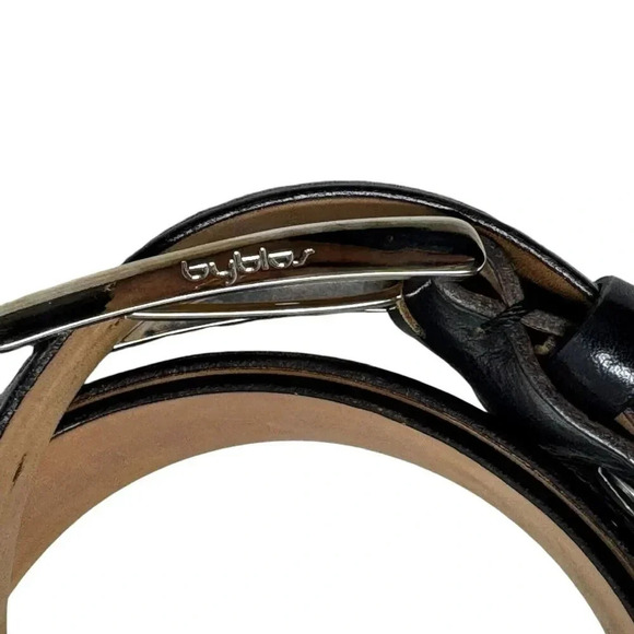 BYBLOS Mens belt Italian Size 58 US size 48 Black leather silver buckle Italy - Picture 2 of 7